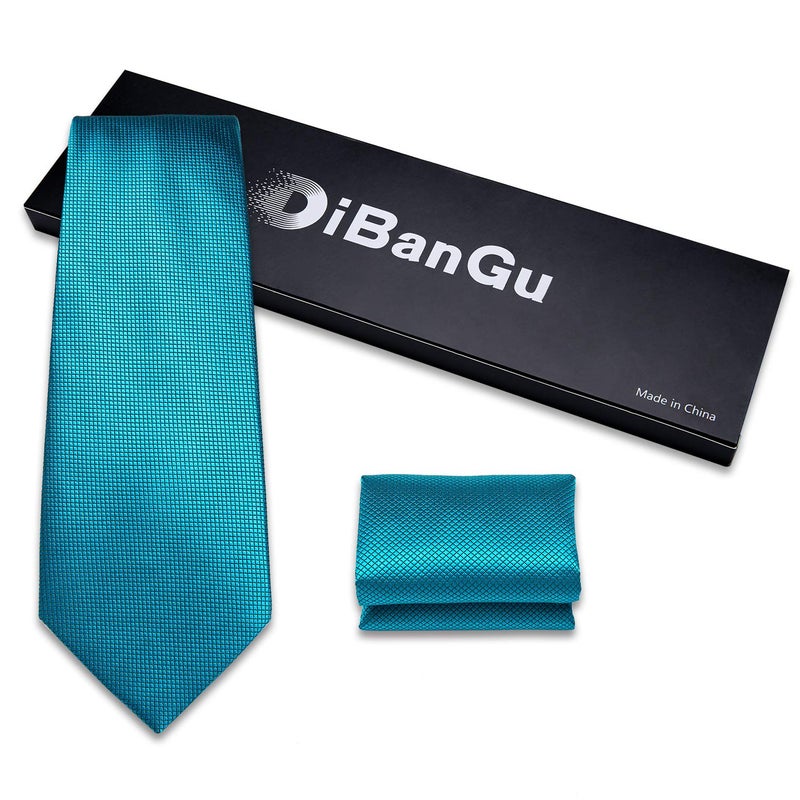 DiBanGu Mens Solid Color Tie and Pocket Square Set Woven Silk Plain Necktie & Handkerchief for Men Wedding Party Formal, Turquoise - Image 3